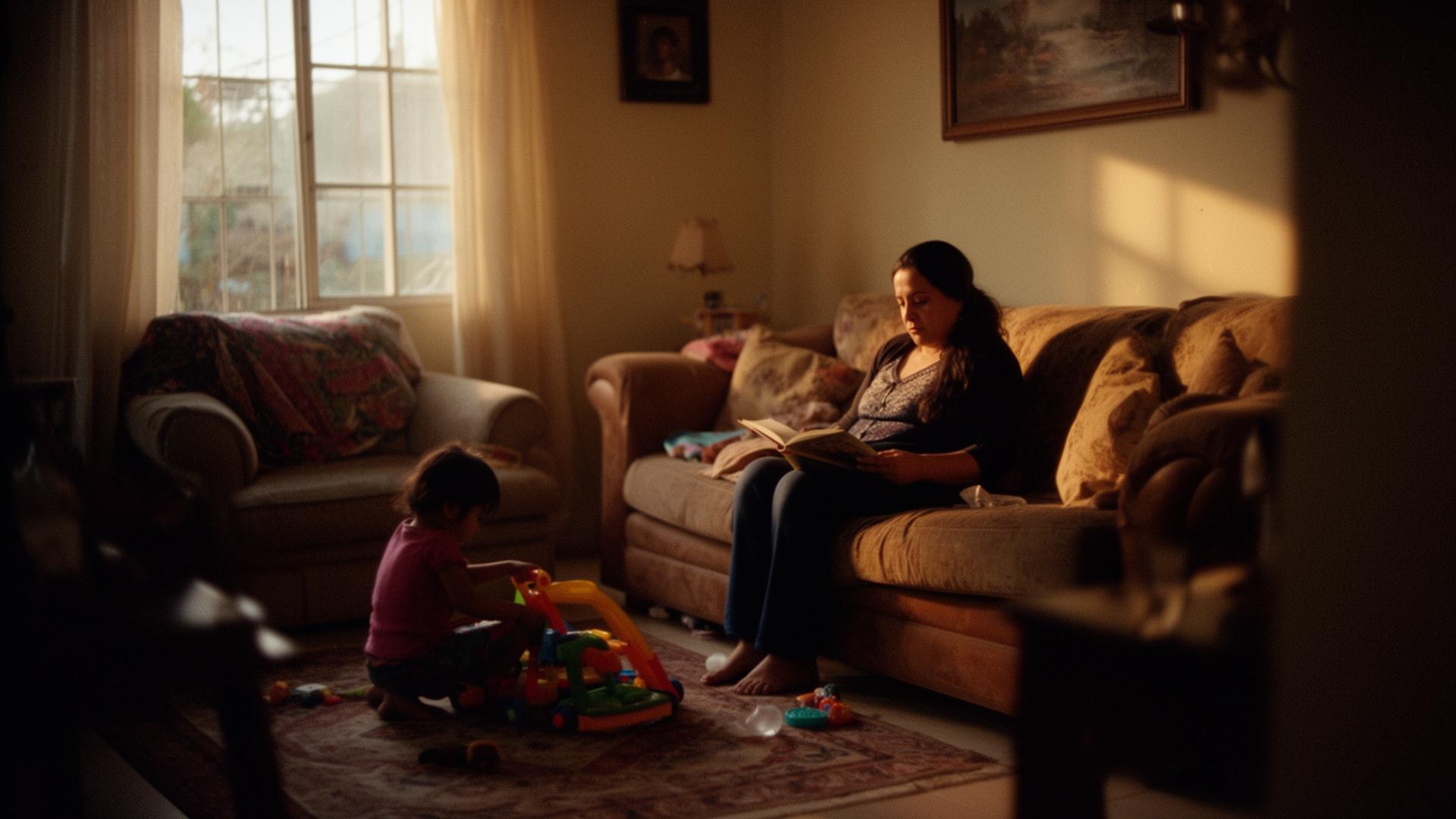 Familia en su hogar disfrutando un momento tranquilo al atardecer